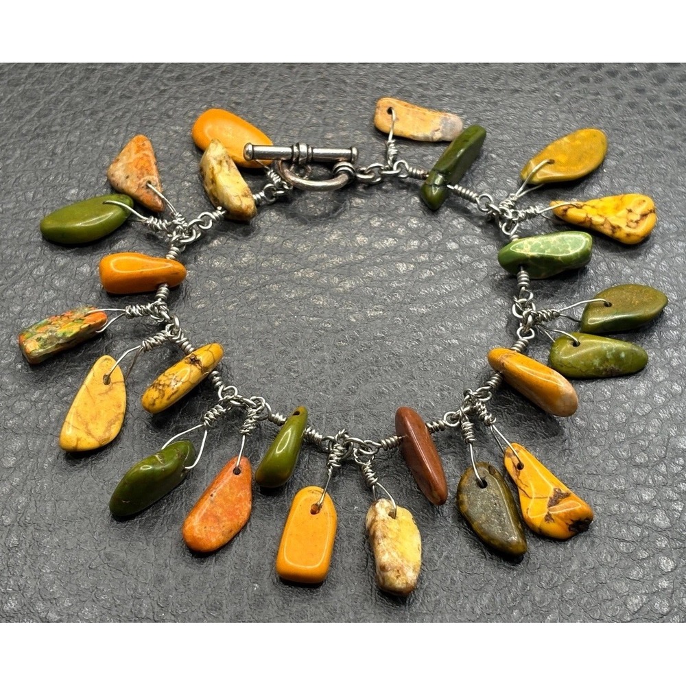Semi Precious Bohemian Stone Charm Bracelet Sterling Silver 925 Toggle Clasp